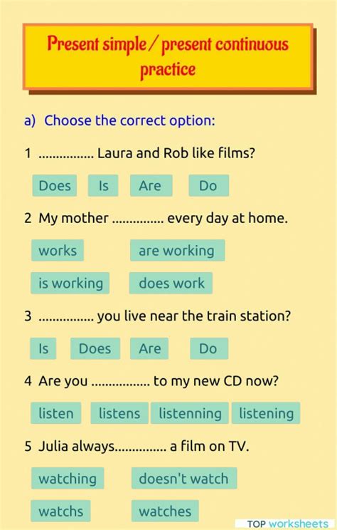 Present Simple And Present Continuous Practice 2 Interactive Worksheet