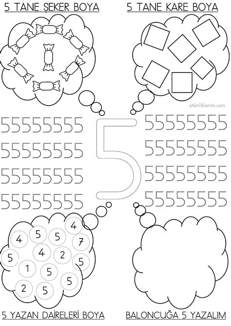 5 Rakamını Öğreniyorum Okul Öncesi Çalışma Sayfası Etkinliklerim