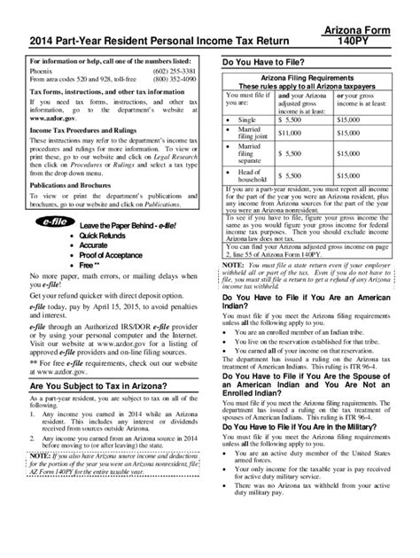 Fillable Online Arizona Form 2014 Part Year Resident Personal Income