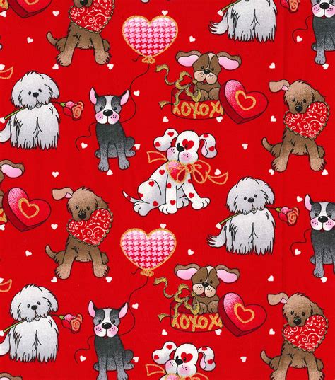 Valentines Day Glitter Cotton Fabric Love Pups On Red Joann