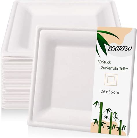 Blanches Lot de 50 assiettes jetables en canne à sucre En bagasse