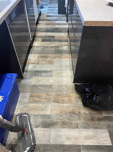 Removing Polymer Grout Haze from Wood Effect Porcelain Floor Tiles in