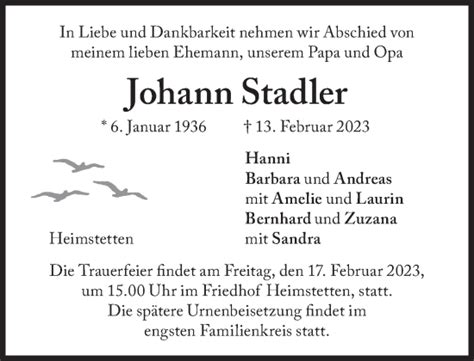 Traueranzeigen Von Johann Stadler Sz Gedenken De