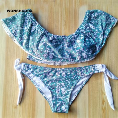 2017 New Light Blue Lotus Leaf Bordere Sexy Women Bikini Set Two Pieces