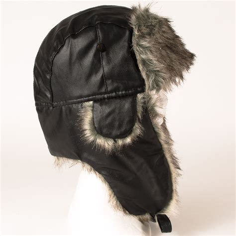 Aviator Faux Leather Black Russian Style Trapper Hat Ebay