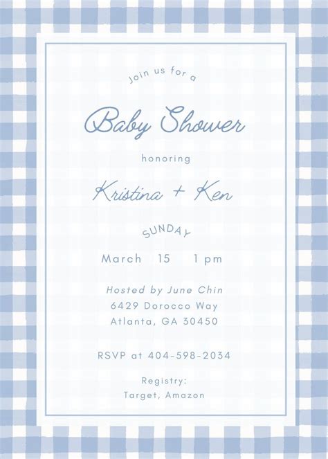 Blue Gingham Baby Shower Invitation Boy Baby Shower Invite Template