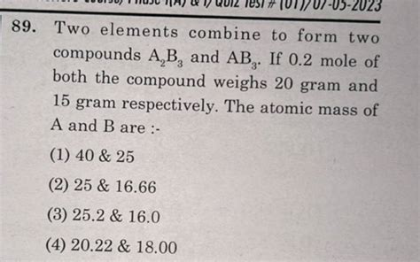 Two Elements Combine To Form Two Compounds A B And Ab If Mole