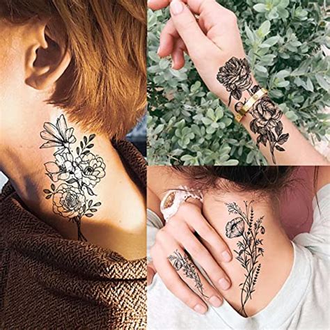 Joehapy 19 Sheets 3d Sexy Flower Temporary Tattoos For Women Neck Arm Girls Black Waterproof