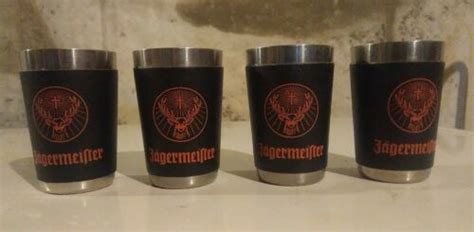 Jagermeister German Logo Aluminum Metal Faux Leather Wrapped Shot Glasses 4576184708