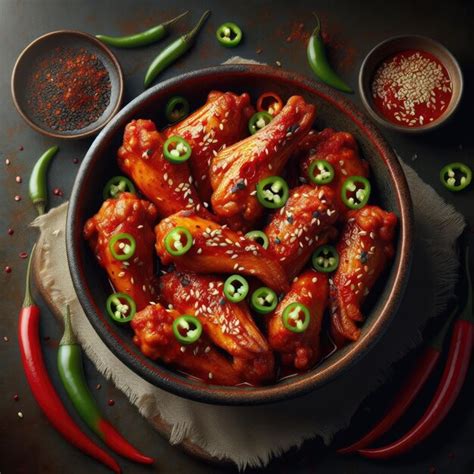 Premium Photo A Red Bowl Of Gochujang Chicken Wings Baked With A