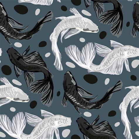 A Pattern Of White And Black Koi Fish On A Blue Background With Bubbles