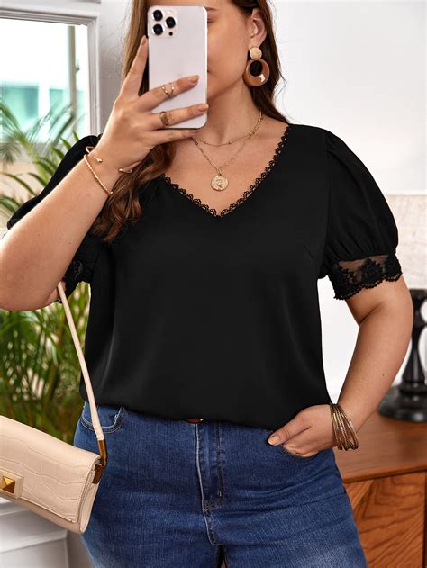 Shein Frenchy Mais Blusas Guarni O De Vieira Amarrar Renda De