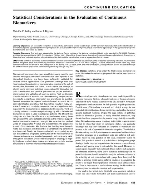 Pdf Statistical Considerations In The Evaluation Of Continuous Biomarkers