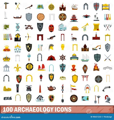 100 Archaeology Icons Set Flat Style Stock Vector Illustration Of