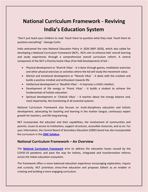 National Curriculum Framework - Reviving India’s Education System by ...