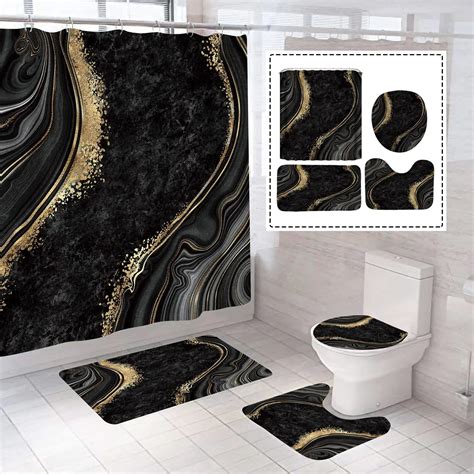 Black Gold Marble Shower Curtain Set Bath Mats Rugs Crack Ink Texture