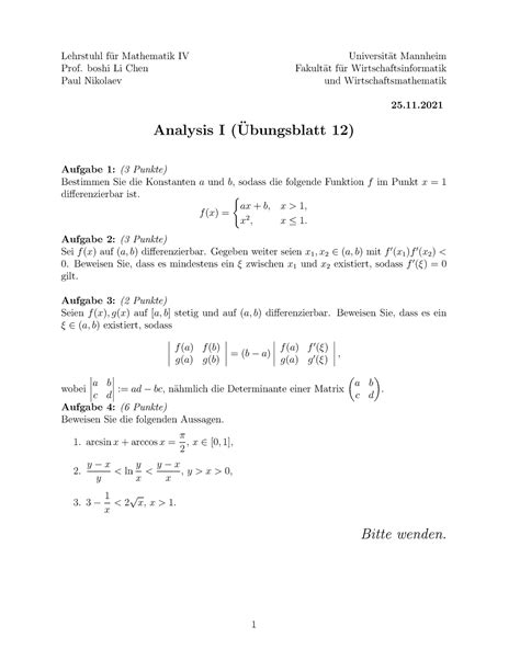 Uebungsblatt 12 Übungsblatt Lehrstuhl f ur Mathematik IV Universit