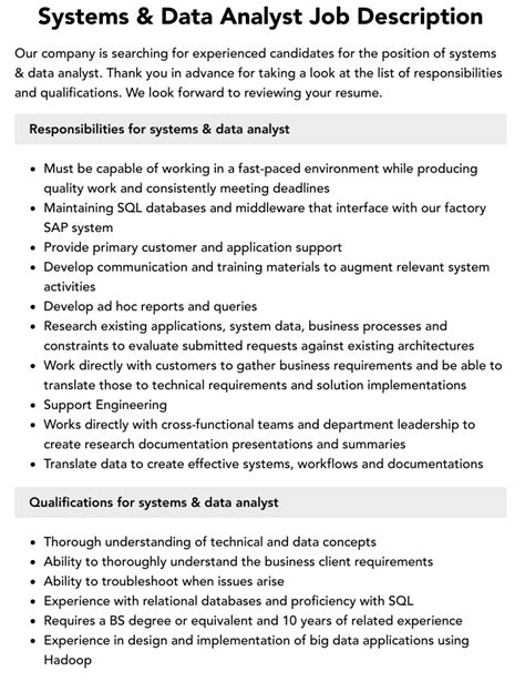 Systems And Data Analyst Job Description Velvet Jobs