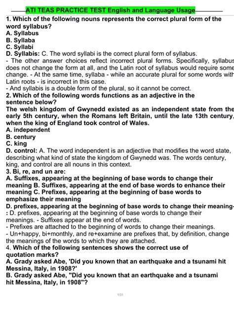 ATI TEAS PRACTICE TEST English And Language Usage TEAS 7 ENGLISH