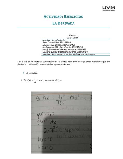 A Cecp Actividad Ejercicios La Derivada Fecha