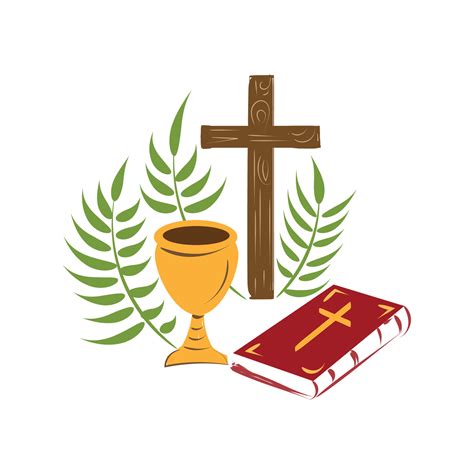 Holy Week. Christian Easter icon symbols. palm branch, cross of Jesus