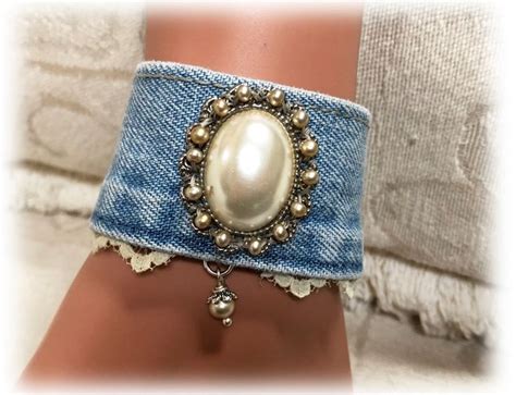 Upcycled Denim Waistband Lace Bracelet Pearly Medallion Etsy Lace