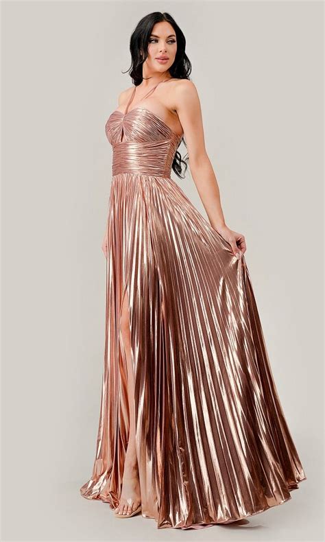 Metallic Long A Line Pleated Prom Dress