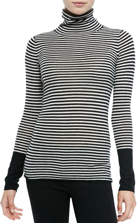 White And Black Horizontal Striped Turtleneck Neiman Marcus Cashmere