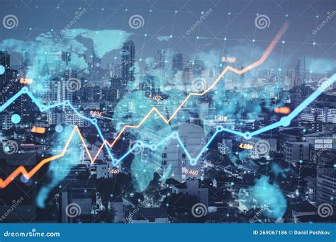 Creative Glowing Business Chart And Map On Blurry City Backdrop Stock