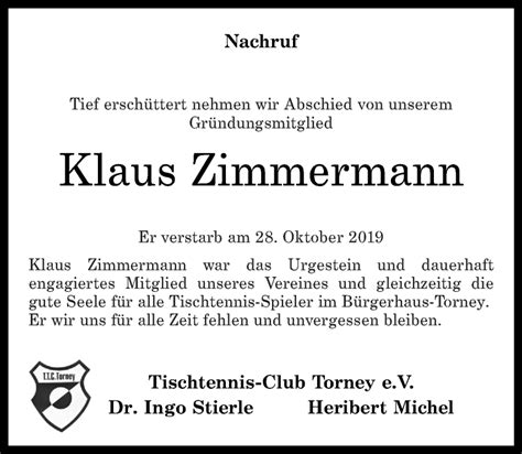 Traueranzeigen Von Klaus Zimmermann Rz Trauer De