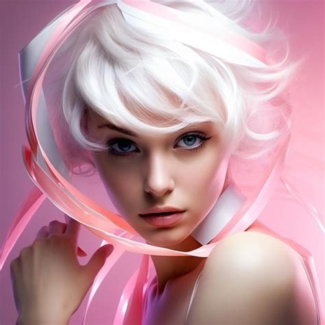 Premium Photo | A woman with white hair and a pink ribbon around her neck.