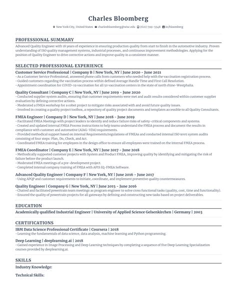 Senior Quality Engineer Resume Example For 2023 Rezi Ai