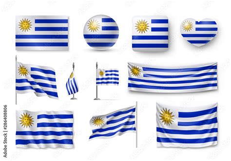 Various flags of Uruguay independent country set. Realistic waving ...