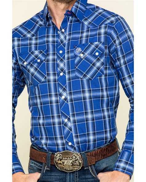 Wrangler Retro Mens Blue Plaid Long Sleeve Western Shirt Sheplers