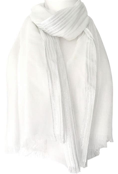 Large Pure White Scarf With Sparkly Silver Stripes To The Edges