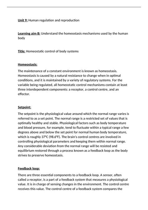 BTEC Applied Science Unit 9 Learning Aim B Unit 9 Human Regulation