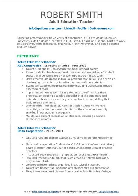 Adult Education Teacher Resume Samples Qwikresume