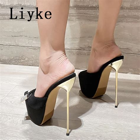 Liyke Summer Fashion Metal Extreme Platform Slippers Women Sexy Peep