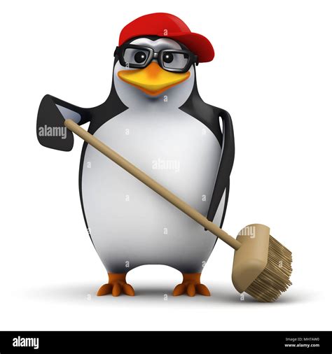 3d render of a funny cartoon penguin wearing a baseball cap and sweeping up the mess with a ...