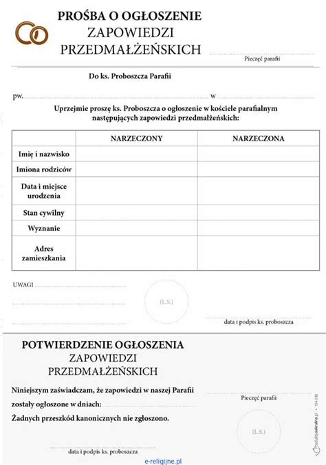 Zapowiedzi przedmałżeńskie formularz druk 25 sztuk e religijne pl e