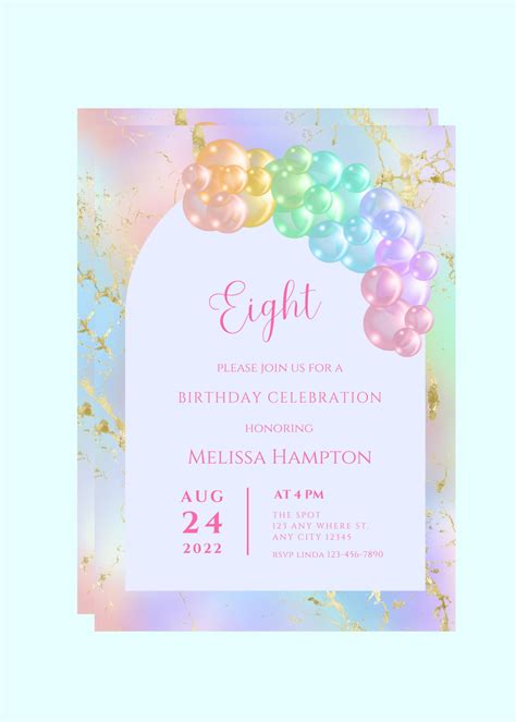 Editable Rainbow Birthday Invitation Rainbow Pastel Balloon Etsy