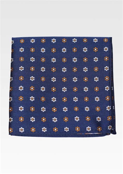 Floral Foulard Necktie And Pocket Square Set In Navy And Copper Bows