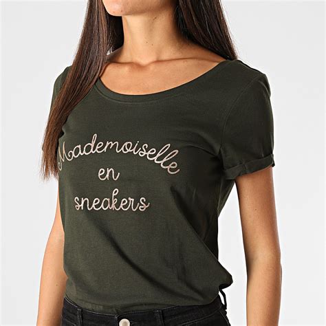 Only Tee Shirt Femme Sille Mademoiselle Vert Kaki Doré