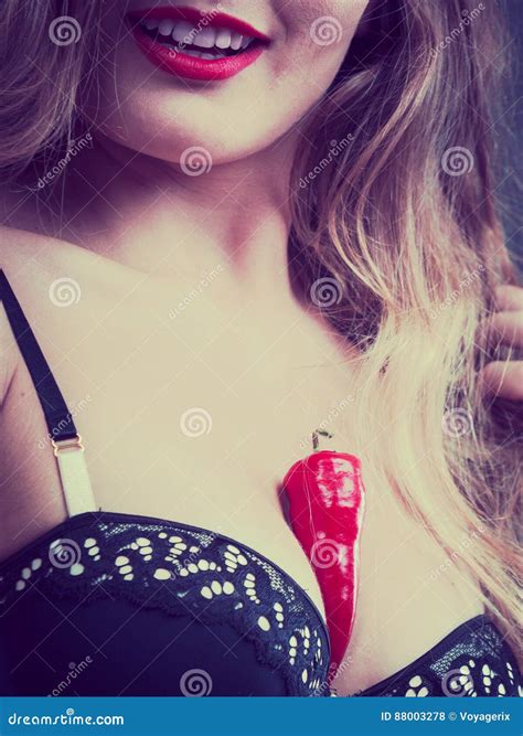 Woman Wearing Lingerie Holding Chilli Pepper Stock Photo Image Of Blonde Alluring 88003278
