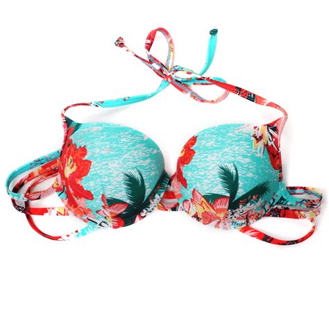 Relleciga Damen Bademode Bikini Top Extra Push Up Oberteil Blumen Blau