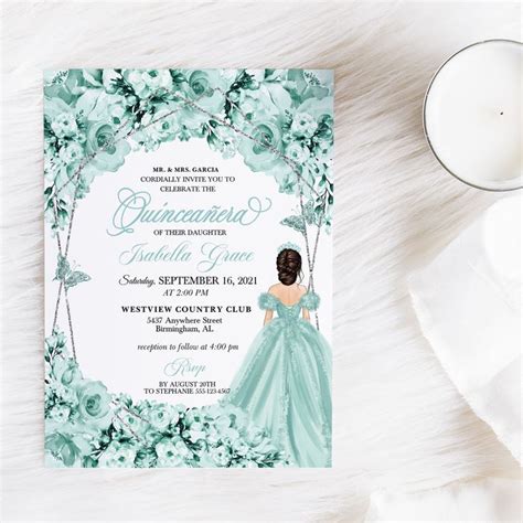 EDITABLE Invitation Elegant Mint Green Floral Quinceanera Invitation