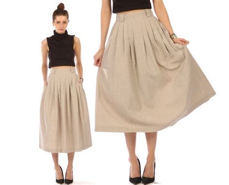 Vintage 80s Pleated Skirt Khaki Maxi Midi Skirt Flowy Accordion