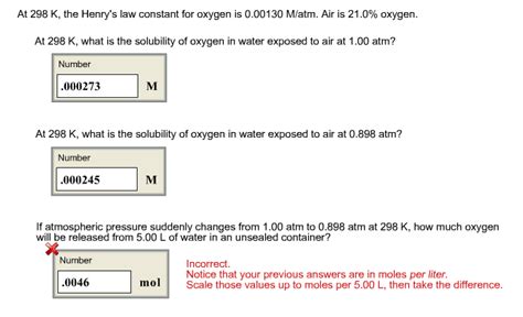 Solved At 298 K The Henry S Law Constant For Oxygen Is