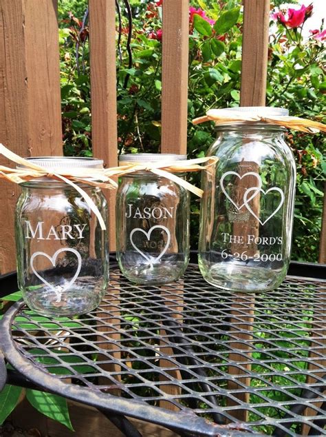 Etched Glass Personalized Mason Jar Sand Ceremony Unity Set 3 Jars