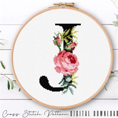 Floral Letter E Cross Stitch Alphabet Pattern Monogram With Etsy